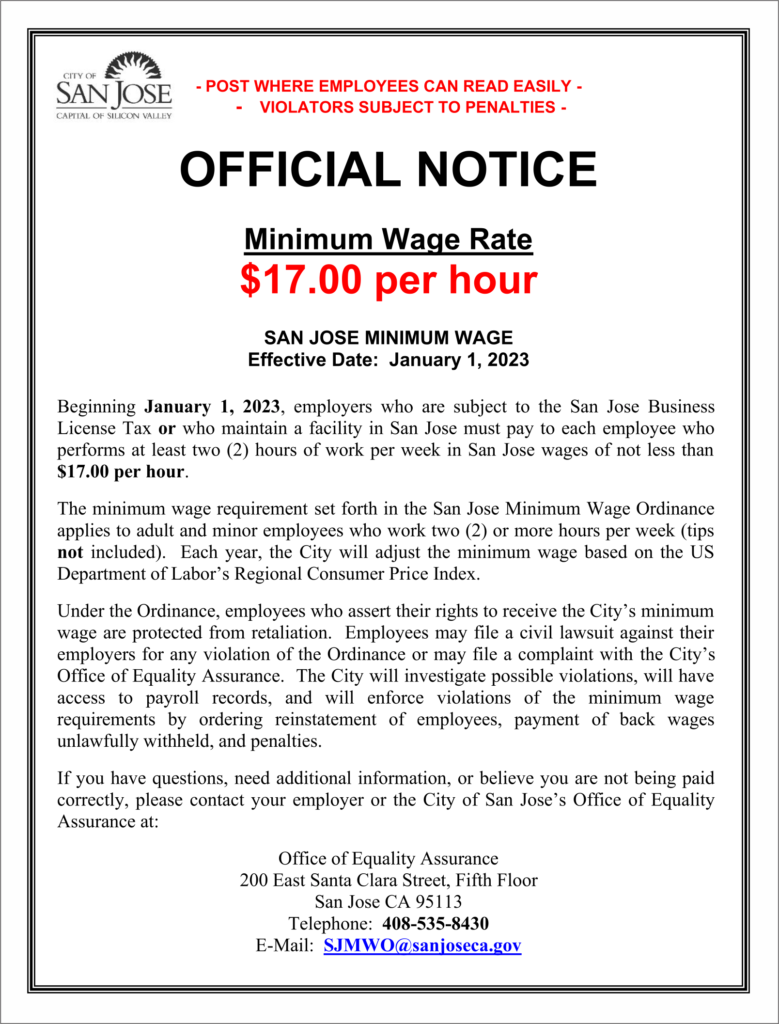 California San Jose Minimum Wage Poster RUN Labor Law Posters